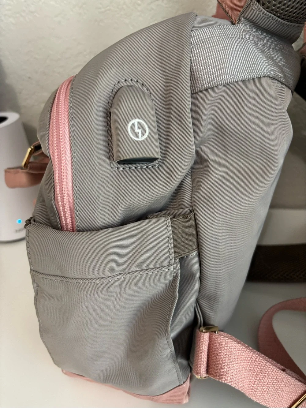 Two-Tone Pink and Taupe Women’s Backpack Purse with built in charging ports